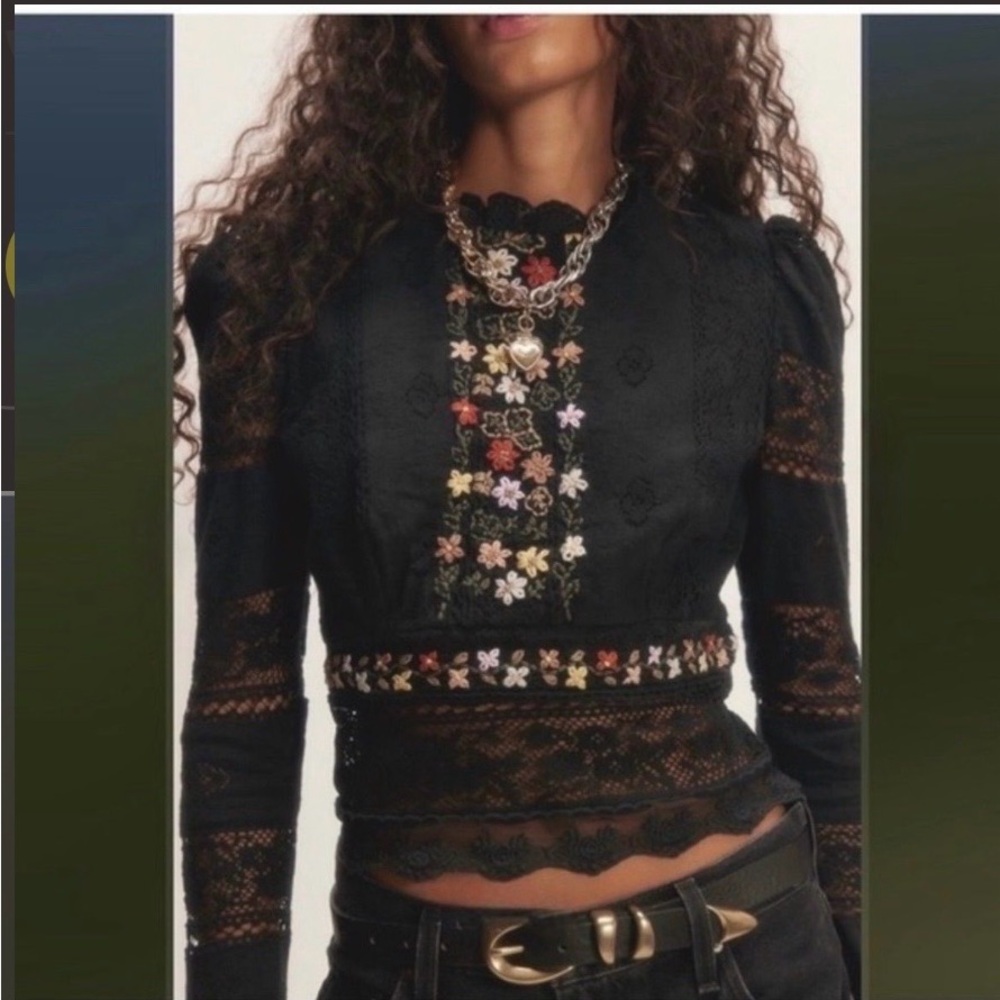 NWT Free People Black Floral Lace Garden Grace Top XS